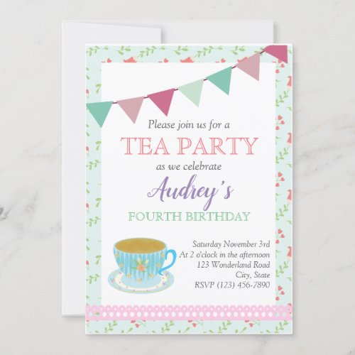 Tea Party Girls Birthday Shabby Chic Afternoon Tea Invitation