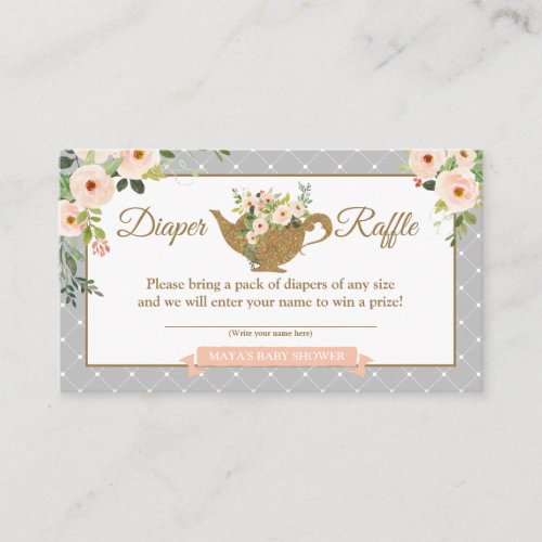 Tea Party Grey Pink Floral Diaper Raffle Ticket Enclosure Card