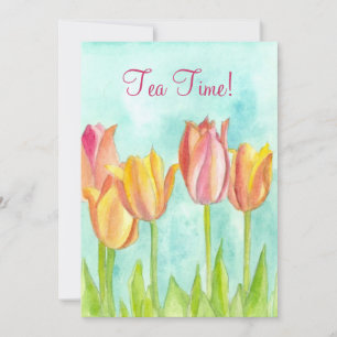 Tea Party Invitation Pink Tulip Watercolor Art