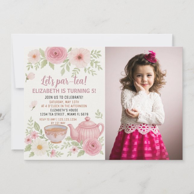 Tea Party Invitation with Floral and Teacup Design (Front)