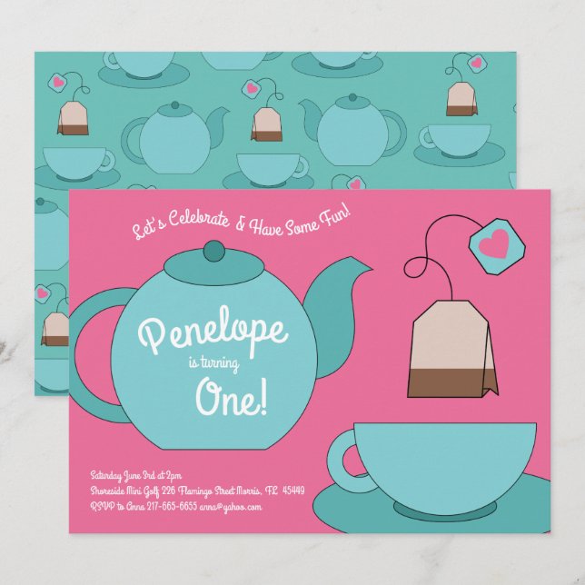 Tea Party Kids 1st Birthday Invitation (Front/Back)