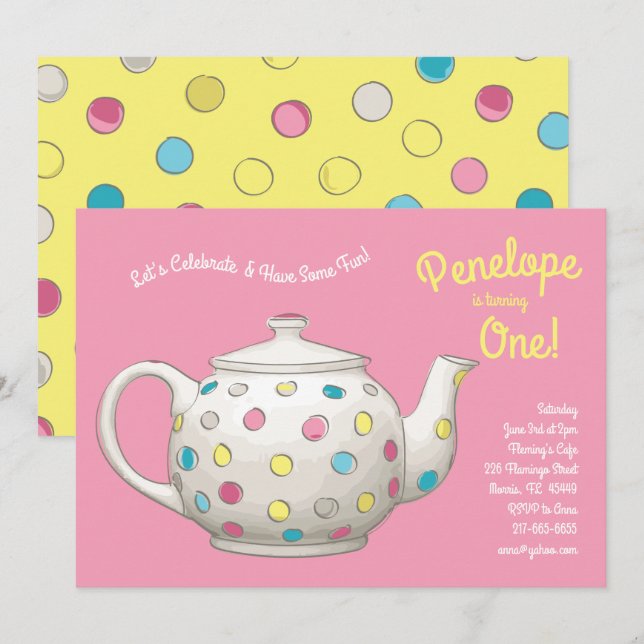 Tea Party Kids 1st Birthday Polka Dot Invitation (Front/Back)