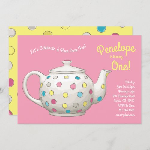 Tea Party Kids 1st Birthday Polka Dot Invitation