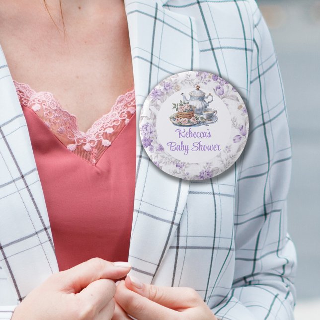 Tea Party Lavender Garden Floral Baby Shower  Button (Creator Uploaded)
