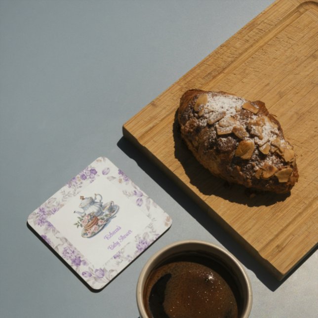 Tea Party Lavender Garden Floral Baby Shower  Square Paper Coaster (Creator Uploaded)