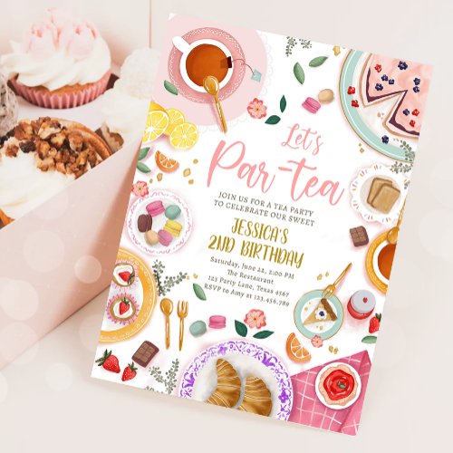 Tea Party Lets Par_Tea Girl Pink Gold Birthday Invitation