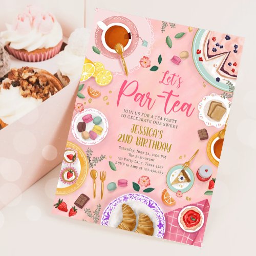 Tea Party Lets Par_Tea Girl Pink Gold Birthday Invitation