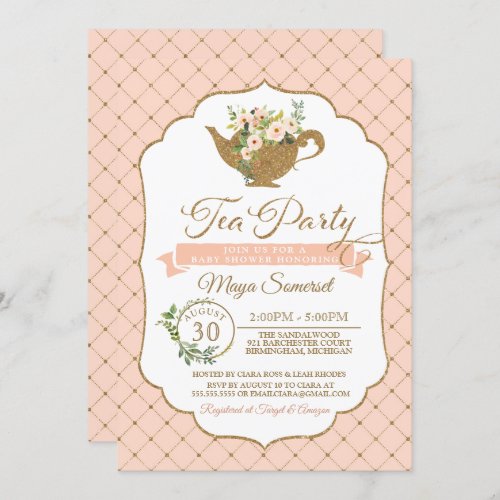 Tea Party Luxury Blush Floral Girl Baby Shower Invitation