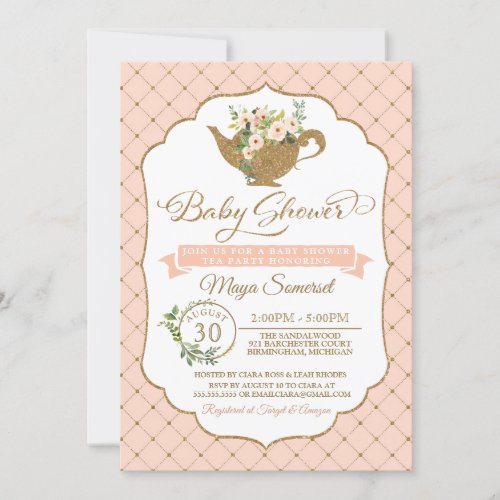 Tea Party Luxury Blush Floral Girl Baby Shower Invitation