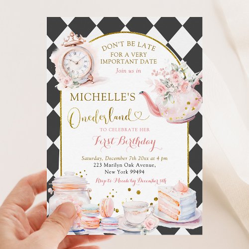 Tea Party Onederland Girl First Birthday Party Invitation