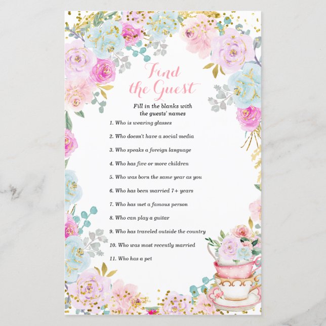 Tea Party Pastel floral Find the Guest game (Front)