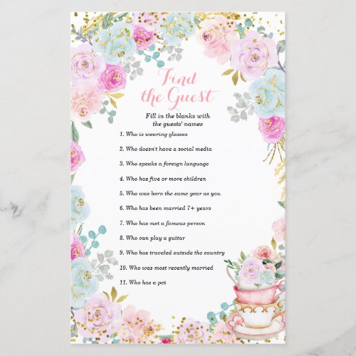 Tea Party Pastel floral Find the Guest game