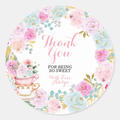 Tea Party Pastel Floral Thank You for being here Classic Round Sticker