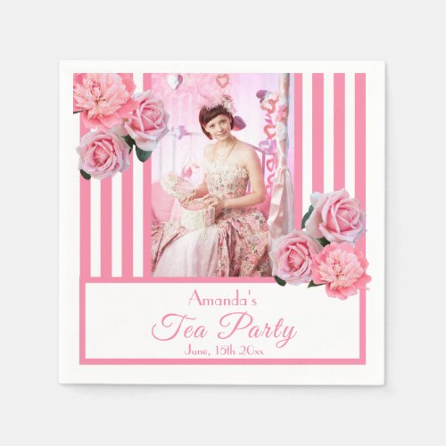 Tea Party photo pink white stripes floral name Napkins