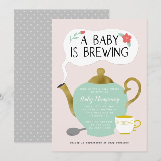 Tea Party Pink Baby Shower Baby Is Brewing Invitation (Front/Back)