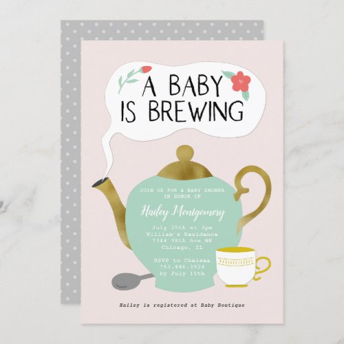 Tea Party Pink Baby Shower Baby Is Brewing Invitation