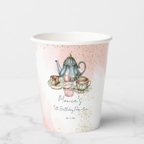 Tea party pink blue birthday personalized paper cups