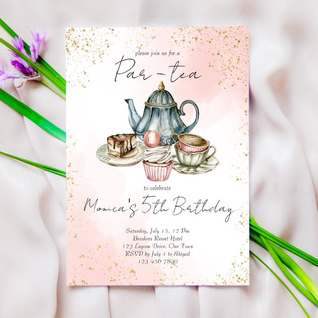 Tea party pink blue watercolor birthday party invitation (Creator Uploaded)