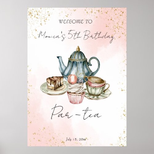 Tea party pink blue watercolor birthday welcome poster