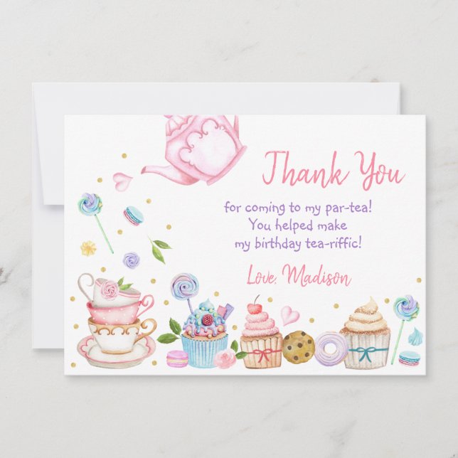 Tea Party Pink Floral Birthday Thank You Card (Front)