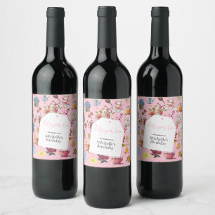 Tea Party Pink Garden Floral Pattern Birthday Wine Label