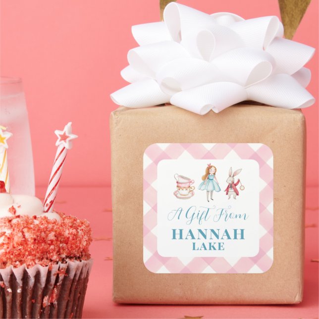 Tea Party Pink Gingham Girls Gift Square Sticker (Party)