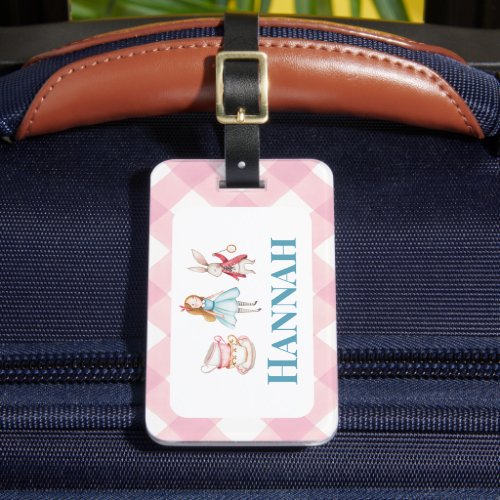 Tea Party Pink Gingham Girls School Bag Tag 