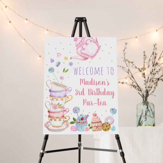 Tea Party Pink Gold Birthday Welcome Foam Board (In Situ (Stand))