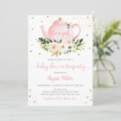 Tea Party Pink Gold Floral Baby Shower Invitation (Standing Front)