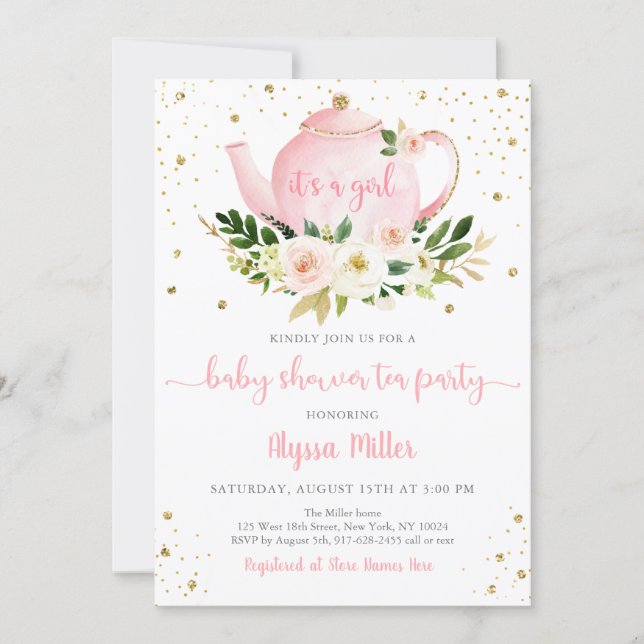Tea Party Pink Gold Floral Baby Shower Invitation (Front)