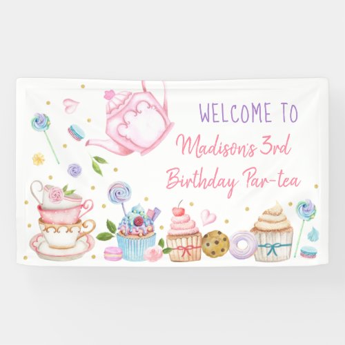 Tea Party Pink Gold Floral Birthday Banner