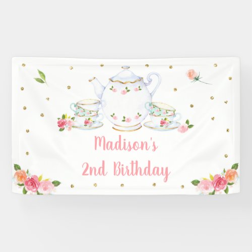 Tea Party Pink Gold Floral Birthday Banner