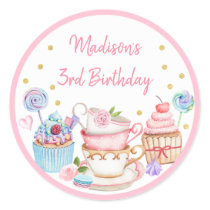 Tea Party Pink Gold Floral Birthday Classic Round Sticker