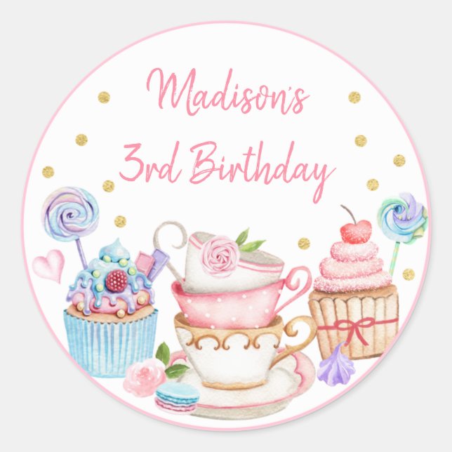Tea Party Pink Gold Floral Birthday Classic Round Sticker (Front)