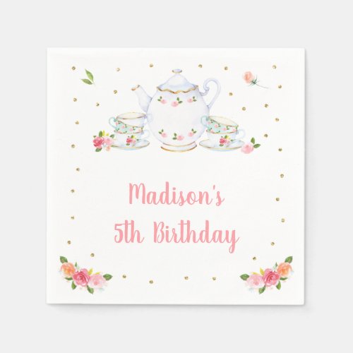 Tea Party Pink Gold Floral Birthday Napkins