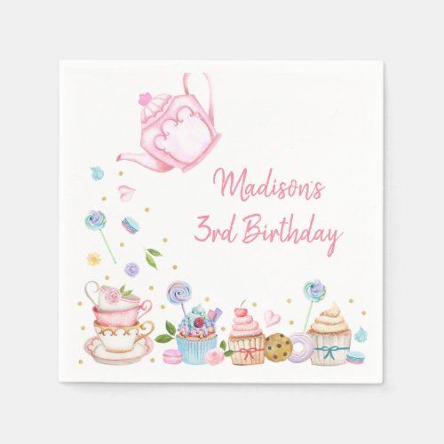 Tea Party Pink Gold Floral Birthday Napkins