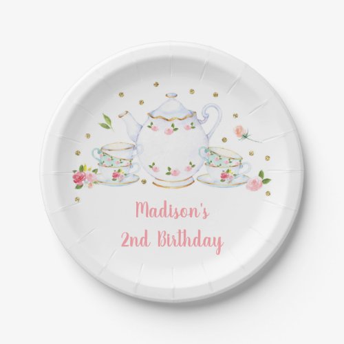 Tea Party Pink Gold Floral Birthday Paper Plates