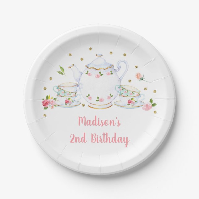 Tea Party Pink Gold Floral Birthday Paper Plates (Front)