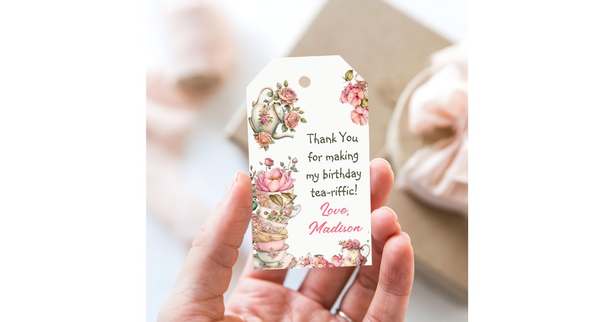 Tea Party Pink Gold Floral Birthday Thank You Gift Tags | Zazzle
