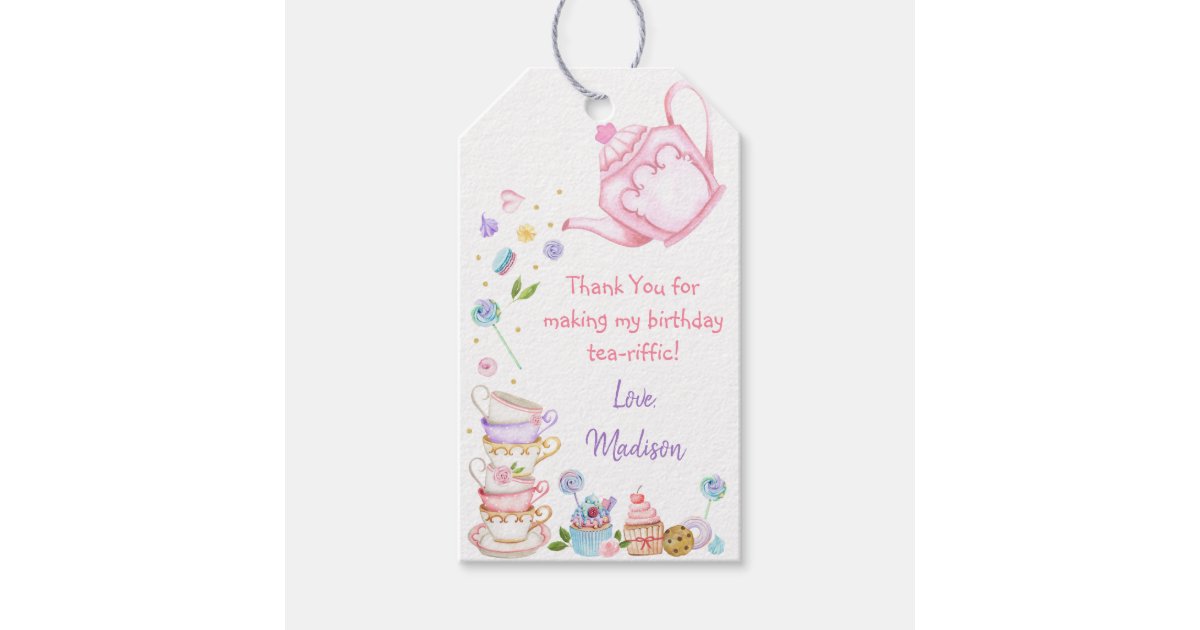 Tea Party Pink Gold Floral Birthday Thank You Gift Tags | Zazzle