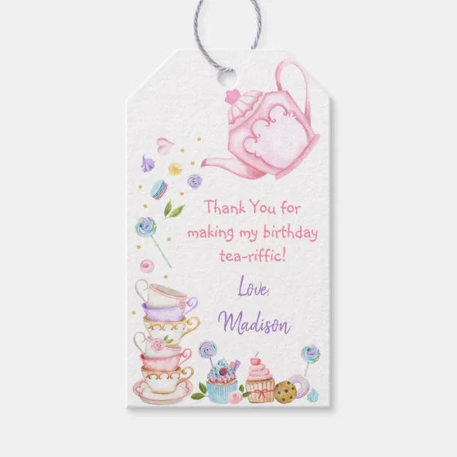 Tea Party Pink Gold Floral Birthday Thank You Gift Tags | Zazzle