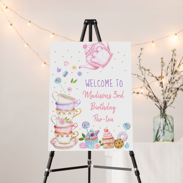 Tea Party Pink Gold Floral Birthday Welcome Foam Board (In Situ (Stand))