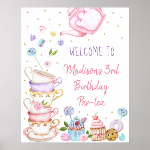 Tea Party Pink Gold Floral Birthday Welcome Poster
