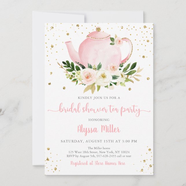 Tea Party Pink Gold Floral Bridal Shower Invitation (Front)