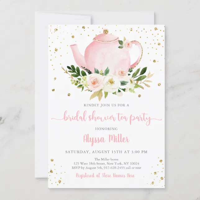 Tea Party Pink Gold Floral Bridal Shower Invitation | Zazzle