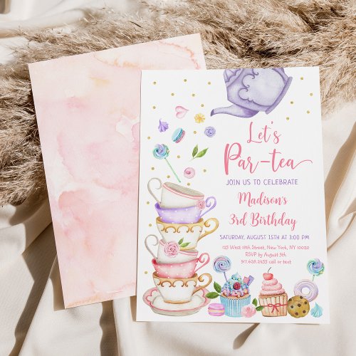 Tea Party Pink Purple Birthday Invitation