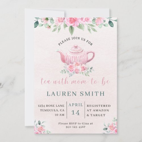 Tea Party Pink Rose Baby Shower Invitation