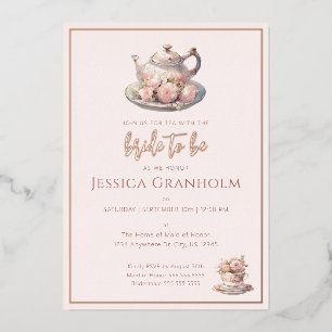 Tea Party Pink Rose Gold Bridal Shower Foil Invitation