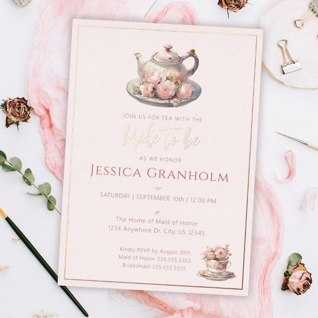 Tea Party Pink Rose Gold Bridal Shower Foil Invitation (Creator Uploaded)