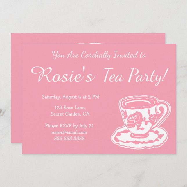 Tea Party Pink Rose Teacup Custom Invitations (Front/Back)